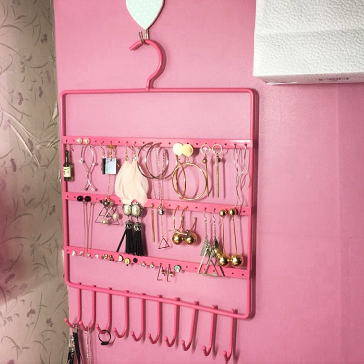 0594 Lightweight & Wall Mounted Earrings Organizer/HANGER for Tangle Free Hanging for Women, 66 Holes - 10 Hooks (metal) DeoDap 0594 Lightweight & Wall Mounted Earrings Organizer/HANGER for Tangle Free Hanging for Women, 66 Holes - 10 Hooks (metal) DeoDap